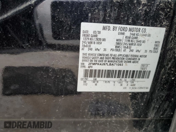 2020 Ford Edge SEL with VIN 2FMPK4J97LBA71093, listed as a Copart auction lot 59440765 with 71,006 mi miles and Salvage title. Bid and sale history available at DreamBid. Image 13.