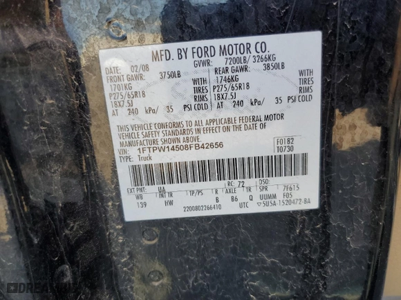 2008 Ford F-150 XLT with VIN 1FTPW14508FB42656, listed as a Copart auction lot 52547545 with 128,134 mi miles and Salvage Title. Bid and sale history available at carsss.com. Image 12.