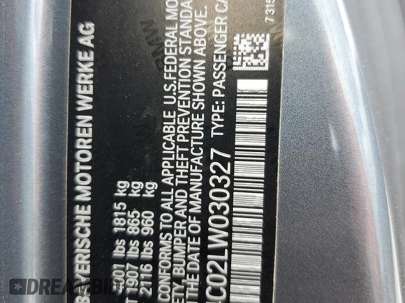 2020 Toyota Supra 3.0 with VIN WZ1DB4C02LW030327, listed as a Copart auction lot 61451485 with 85,250 mi miles and Salvage title. Bid and sale history available at DreamBid. Image 12.
