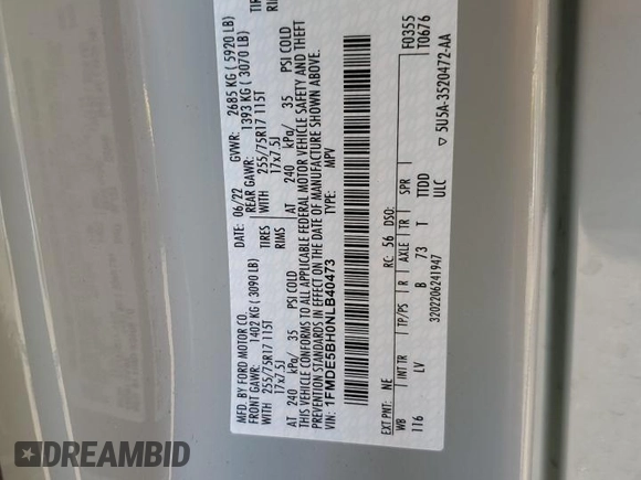 2022 Ford Bronco с VIN 1FMDE5BH0NLB40473, выставлен на аукционе Copart как лот 62125645 с пробегом 38 571 миль миль и Списание • Salvage title. История ставок и продаж доступна на DreamBid. Изображение 15.