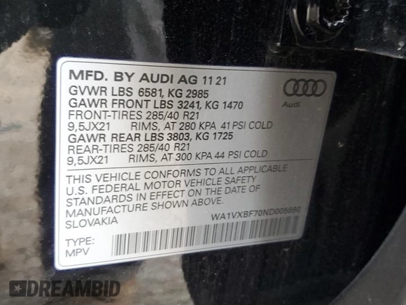 2022 Audi Q7 Prestige with VIN WA1VXBF70ND005890, listed as a Copart auction lot 85955154 with 21,814 mi miles and Salvage title. Bid and sale history available at DreamBid. Image 13.