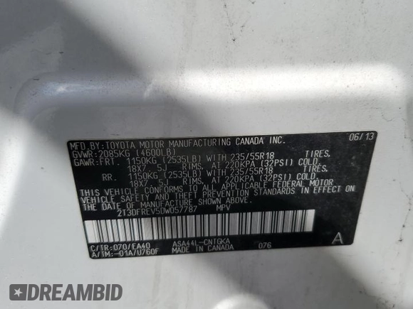 2013 Toyota RAV4 Limited z VIN 2T3DFREV5DW057787, wystawiony jako Copart lot #61821915 z przebiegiem 147 561 mil mil oraz Szkoda całkowita • Salvage title. Historia ofert i sprzedaży dostępna na DreamBid. Obrazek 13.
