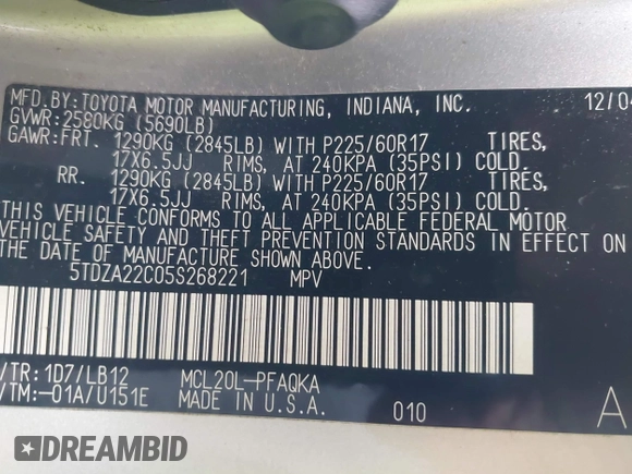 2005 Toyota Sienna XLE with VIN 5TDZA22C05S268221, listed as a IAAI auction lot 41914653 with 250,236 mi miles and . Bid and sale history available at DreamBid. Image 9.