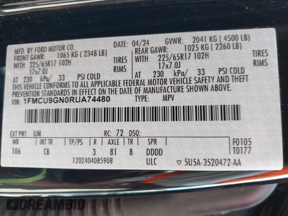 2024 Ford Escape Active with VIN 1FMCU9GN0RUA74480, listed as a IAAI auction lot 42218362 with 20,905 mi miles and . Bid and sale history available at DreamBid. Image 9.