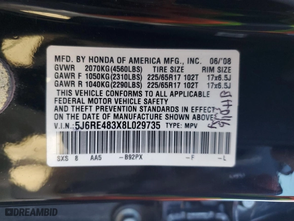 2008 Honda CR-V LX with VIN 5J6RE483X8L029735, listed as a Copart auction lot 48321125 with 194,006 mi miles and Salvage Title. Bid and sale history available at carsss.com. Image 16.