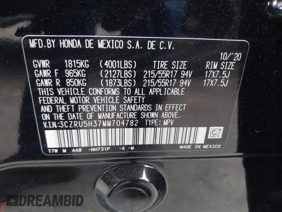 2021 Honda HR-V LX with VIN 3CZRU5H37MM704782, listed as a IAAI auction lot 42401214 with 41,822 mi miles and . Bid and sale history available at DreamBid. Image 9.