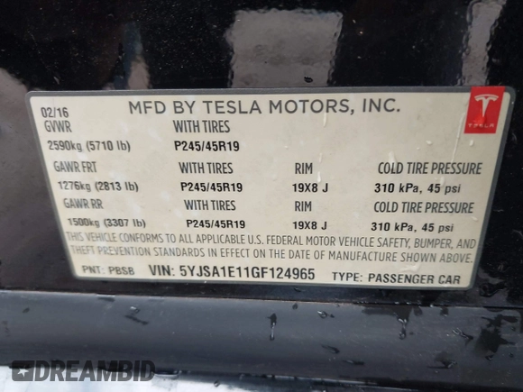 2016 Tesla Model S 70 with VIN 5YJSA1E11GF124965, listed as a IAAI auction lot 41458132 with Not provided miles and . Bid and sale history available at DreamBid. Image 9.