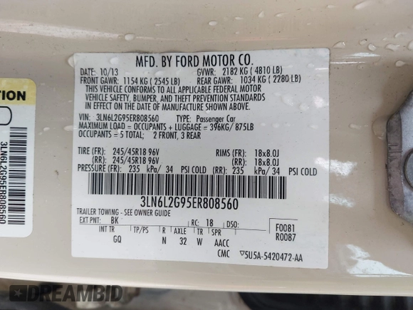 2014 Lincoln MKZ with VIN 3LN6L2G95ER808560, listed as a IAAI auction lot 42288383 with 97,298 mi miles and . Bid and sale history available at DreamBid. Image 9.