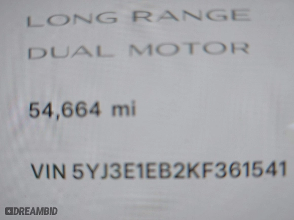 2019 Tesla Model 3 Long Range with VIN 5YJ3E1EB2KF361541, listed as a IAAI auction lot 41859373 with 54,664 mi miles. Bid and sale history available at carsss.com. Image 16.