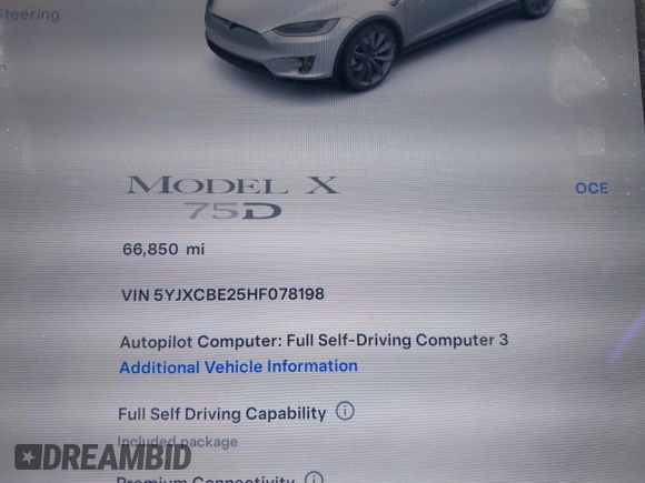 2017 Tesla Model X 90D z VIN 5YJXCBE25HF078198, wystawiony jako IAAI lot #42470050 z przebiegiem 66 850 mil mil oraz . Historia ofert i sprzedaży dostępna na DreamBid. Obrazek 9.
