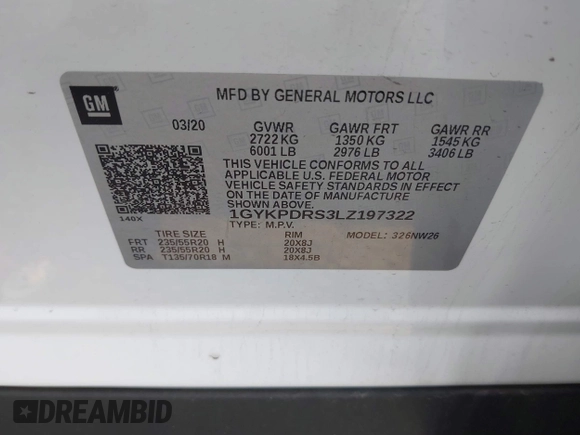 2020 Cadillac XT6 AWD Premium Luxury with VIN 1GYKPDRS3LZ197322, listed as a IAAI auction lot 41722467 with 58,128 mi miles and . Bid and sale history available at DreamBid. Image 9.