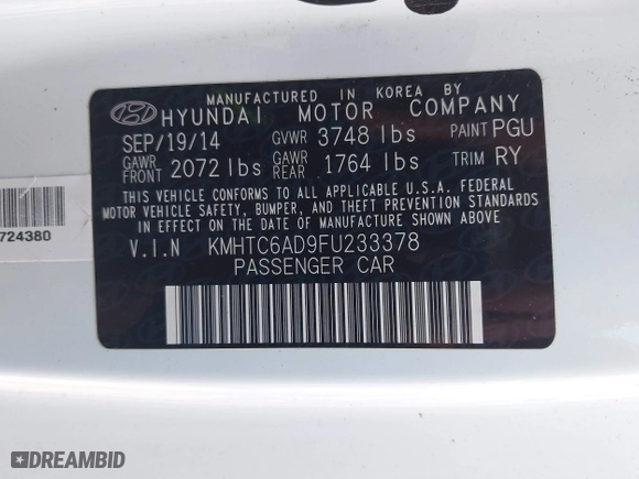 2015 Hyundai Veloster RE:FLEX with VIN KMHTC6AD9FU233378, listed as a IAAI auction lot 41428400 with 99,275 mi miles. Bid and sale history available at carsss.com. Image 9.