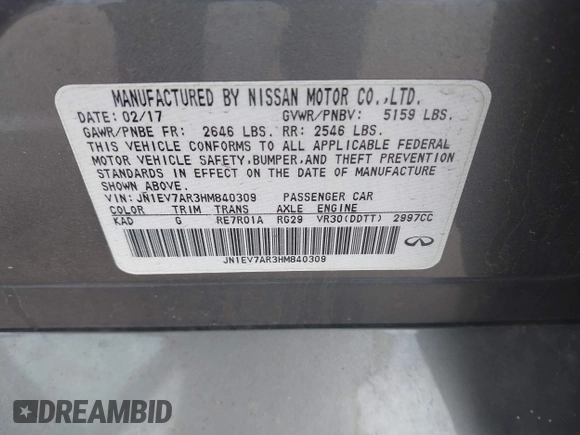 2017 Infiniti Q50 Premium with VIN JN1EV7AR3HM840309, listed as a IAAI auction lot 42301106 with 90,177 mi miles and . Bid and sale history available at DreamBid. Image 9.