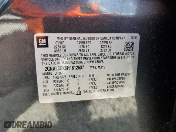 2017 Chevrolet Equinox LT with VIN 2GNALCEK6H1612637, listed as a Copart auction lot 55335965 with 185,483 mi miles and Clean Title. Bid and sale history available at carsss.com. Image 13.