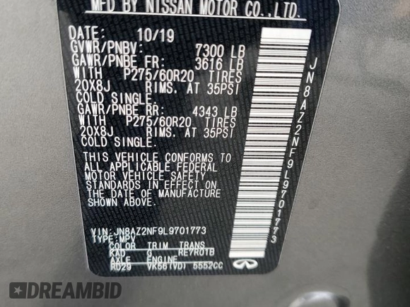 2020 Infiniti QX80 Luxe z VIN JN8AZ2NF9L9701773, wystawiony jako Copart lot #53162755 z przebiegiem 80 188 mil mil oraz Szkoda całkowita • Salvage title. Historia ofert i sprzedaży dostępna na DreamBid. Obrazek 13.