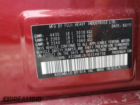 2011 Subaru Legacy Limited with VIN 4S3BMBJ67B3248730, listed as a Copart auction lot 87197964 with 170,800 mi miles and Clean title. Bid and sale history available at DreamBid. Image 12.