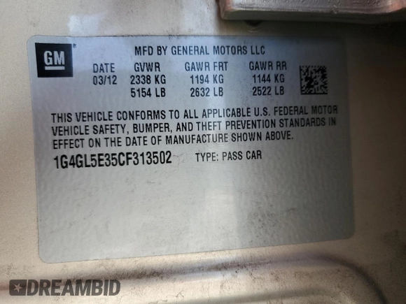 2012 Buick LaCrosse Leather z VIN 1G4GL5E35CF313502, wystawiony jako Copart lot #56487695 z przebiegiem 107 020 mil mil oraz Szkoda całkowita • Salvage title. Historia ofert i sprzedaży dostępna na DreamBid. Obrazek 12.