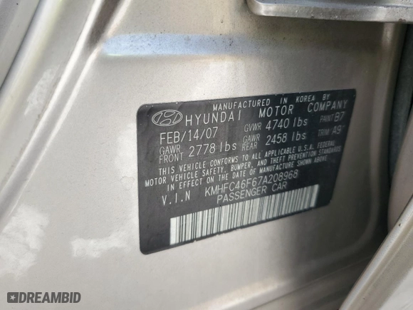 2007 Hyundai Azera SE with VIN KMHFC46F67A208968, listed as a Copart auction lot 69202034 with 156,521 mi miles and Salvage Title. Bid and sale history available at carsss.com. Image 13.
