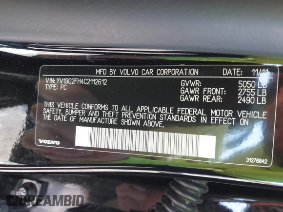 2012 Volvo S60 T6 with VIN YV1902FH4C2112612, listed as a IAAI auction lot 41972206 with 109,210 mi miles. Bid and sale history available at carsss.com. Image 9.