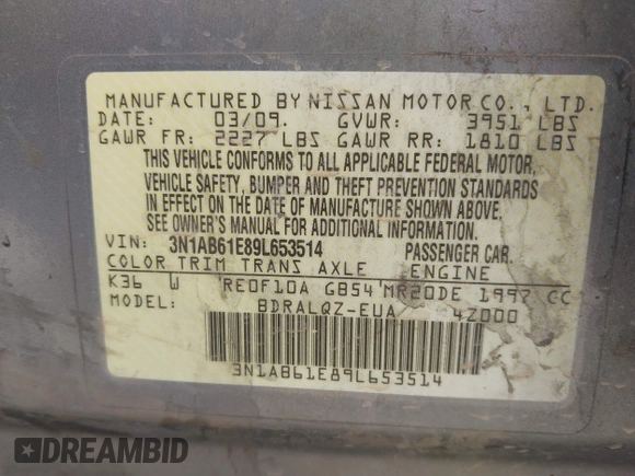 2009 Nissan Sentra S FE+ with VIN 3N1AB61E89L653514, listed as a IAAI auction lot 42250756 with 185,473 mi miles and . Bid and sale history available at DreamBid. Image 9.