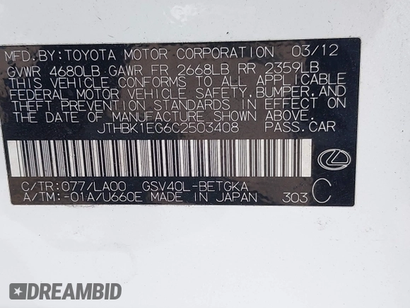 2012 Lexus ES with VIN JTHBK1EG6C2503408, listed as a IAAI auction lot 42139319 with 221,281 mi miles. Bid and sale history available at carsss.com. Image 9.
