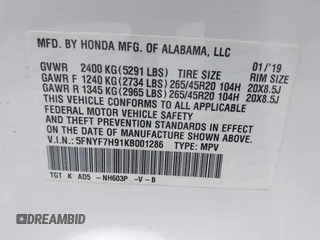 2019 Honda Passport Touring z VIN 5FNYF7H91KB001286, wystawiony jako IAAI lot #41733668 z przebiegiem Nie podano mil oraz . Historia ofert i sprzedaży dostępna na DreamBid. Obrazek 9.