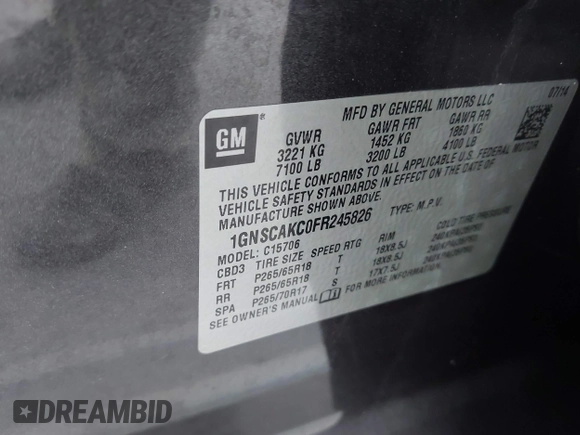 2015 Chevrolet Tahoe LS with VIN 1GNSCAKC0FR245826, listed as a IAAI auction lot 42282590 with 164,208 mi miles and . Bid and sale history available at DreamBid. Image 9.