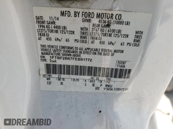 2015 Ford F-250 XLT with VIN 1FTBF2B67FEB91772, listed as a Copart auction lot 62825465 with 278,673 mi miles and Clean title. Bid and sale history available at DreamBid. Image 12.