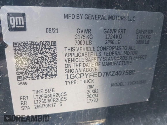 2021 Chevrolet Silverado 1500 LT Trail Boss with VIN 1GCPYFED7MZ407580, listed as a IAAI auction lot 42078081 with 64,299 mi miles and . Bid and sale history available at DreamBid. Image 9.