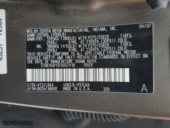 2007 Toyota Tundra LTD with VIN 5TBEV58137S457418, listed as a Copart auction lot 77690584 with 233,237 mi miles and Salvage Title. Bid and sale history available at carsss.com. Image 12.