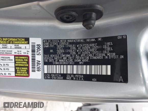 2011 Toyota Sienna LE AAS with VIN 5TDKK3DC0BS073653, listed as a IAAI auction lot 41794038 with 206,504 mi miles and . Bid and sale history available at DreamBid. Image 9.