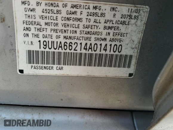 2004 Acura TL with VIN 19UUA66214A014100, listed as a Copart auction lot 53658695 with 265,931 mi miles and Salvage Title. Bid and sale history available at carsss.com. Image 12.