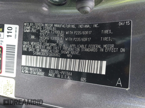 2015 Toyota Sienna LE AAS with VIN 5TDKK3DC5FS606862, listed as a IAAI auction lot 42464119 with 158,135 mi miles and . Bid and sale history available at DreamBid. Image 9.