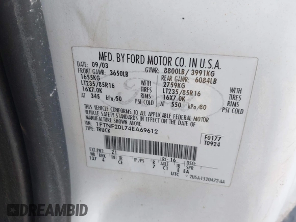 2004 Ford F-250 XL с VIN 1FTNF20L74EA69612, выставлен на аукционе IAAI как лот 41404679 с пробегом 171 118 миль миль и . История ставок и продаж доступна на DreamBid. Изображение 9.