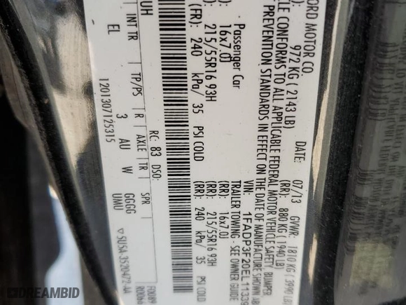 2014 Ford Focus SE with VIN 1FADP3F20EL113398, listed as a Copart auction lot 53658335 with 83,729 mi miles and Salvage Title. Bid and sale history available at carsss.com. Image 12.