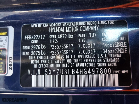 2017 Hyundai Santa Fe Sport 2.4L with VIN 5XYZU3LB4HG497800, listed as a Copart auction lot 80279934 with 117,337 mi miles and Salvage Title. Bid and sale history available at carsss.com. Image 14.