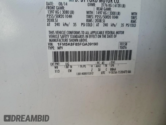 2015 Ford Explorer Limited with VIN 1FM5K8F85FGA39190, listed as a Copart auction lot 48719395 with 164,217 mi miles and Salvage Title. Bid and sale history available at DreamBid. Image 16.