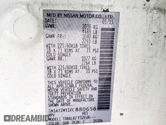 2015 Nissan Rogue SL with VIN 5N1AT2MT1FC880656, listed as a Copart auction lot 46079405 with 0 mi miles and Salvage Title. Bid and sale history available at carsss.com. Image 12.