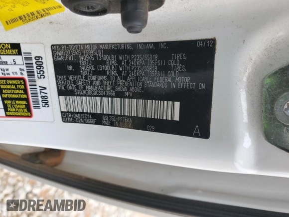 2012 Toyota Sienna LE with VIN 5TDJK3DC0CS043968, listed as a Copart auction lot 45854755 with 166,196 mi miles and Salvage Title. Bid and sale history available at carsss.com. Image 13.