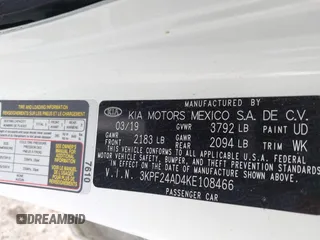 2019 Kia Forte LXS с VIN 3KPF24AD4KE108466, выставлен на аукционе IAAI как лот 42159458 с пробегом 83 364 миль миль и . История ставок и продаж доступна на DreamBid. Изображение 7.