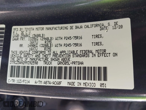 2021 Toyota Tacoma SR z VIN 3TMCZ5AN2MM392590, wystawiony jako IAAI lot #42178072 z przebiegiem 42 542 mil mil oraz . Historia ofert i sprzedaży dostępna na DreamBid. Obrazek 9.