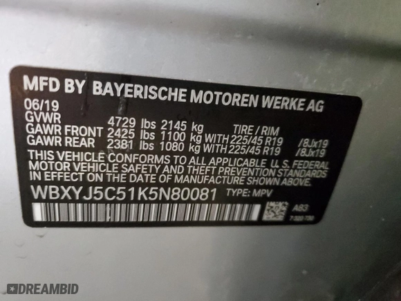2019 BMW X2 xDrive28i with VIN WBXYJ5C51K5N80081, listed as a Copart auction lot 44252465 with 56,876 mi miles and Salvage Title. Bid and sale history available at carsss.com. Image 15.