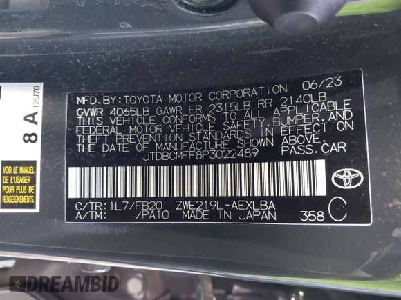 2023 Toyota Corolla Hybrid LE with VIN JTDBCMFE8P3022489, listed as a IAAI auction lot 41766861 with 44,571 mi miles. Bid and sale history available at carsss.com. Image 9.