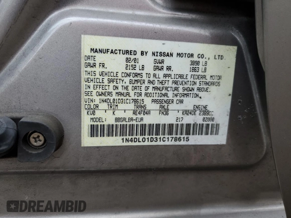 2001 Nissan Altima GXE with VIN 1N4DL01D31C178615, listed as a Copart auction lot 44031605 with 118,707 mi miles and Salvage Title. Bid and sale history available at carsss.com. Image 13.