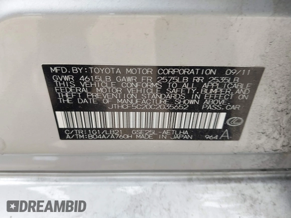 2012 Lexus IS 250 с VIN JTHCF5C20C2035652, выставлен на аукционе IAAI как лот 42288885 с пробегом 141 269 миль миль и . История ставок и продаж доступна на DreamBid. Изображение 9.