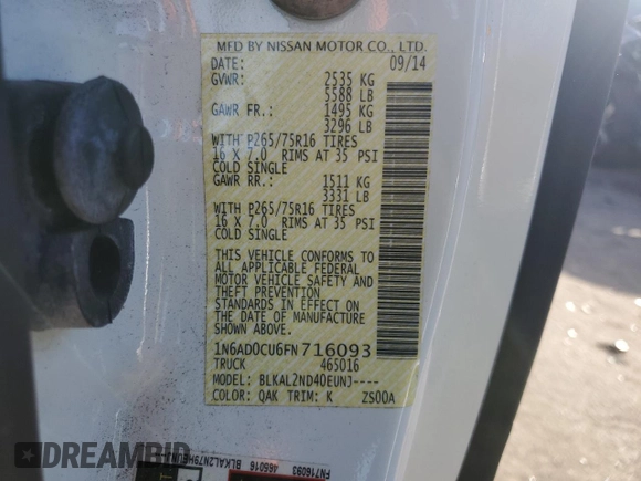 2015 Nissan Frontier SV with VIN 1N6AD0CU6FN716093, listed as a Copart auction lot 47181975 with 72,243 mi miles and Salvage title. Bid and sale history available at DreamBid. Image 12.