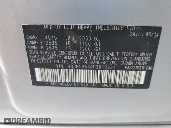2015 Subaru Legacy 2.5i with VIN 4S3BNBA64F3018937, listed as a Copart auction lot 62325105 with 243,500 mi miles and Salvage title. Bid and sale history available at DreamBid. Image 12.