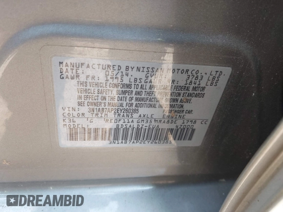 2014 Nissan Sentra SV with VIN 3N1AB7AP2EY260385, listed as a IAAI auction lot 42430485 with 135,258 mi miles and . Bid and sale history available at DreamBid. Image 9.