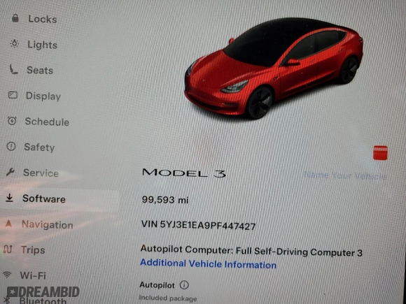 2023 Tesla Model 3 with VIN 5YJ3E1EA9PF447427, listed as a Copart auction lot 51603385 with 99,593 mi miles and Non Repairable. Bid and sale history available at carsss.com. Image 9.