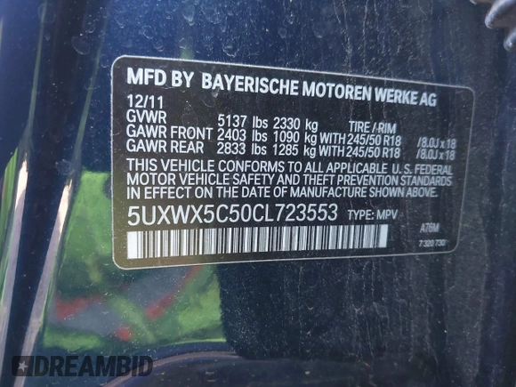 2012 BMW X3 28i with VIN 5UXWX5C50CL723553, listed as a IAAI auction lot 42068798 with 144,740 mi miles and . Bid and sale history available at DreamBid. Image 9.